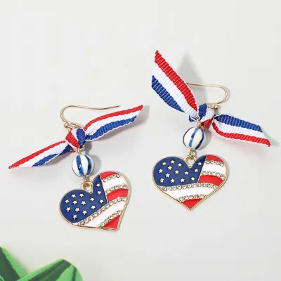 Fashnzfab American Usa Bow Heart Flag Link Drop Earrings In Blue