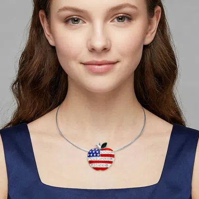 Fashnzfab American Usa Flag Apple Open Choker Necklace / Brooch / Pendant Set In Blue