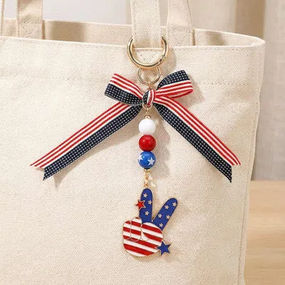 Fashnzfab American Usa Flag Bow Victory Hand Drop Keychain Bag Charm In Multi