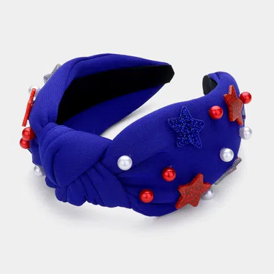Fashnzfab American Usa Flag Color Themed Acrylic Star Ball Pointed Knot Headband In Blue