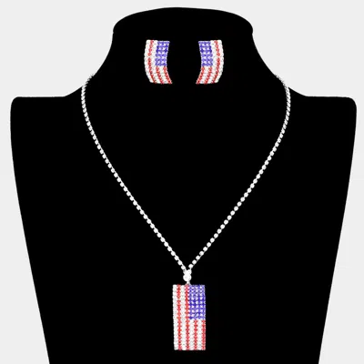 Fashnzfab American Usa Flag Crystal Necklace - Multi, Silver