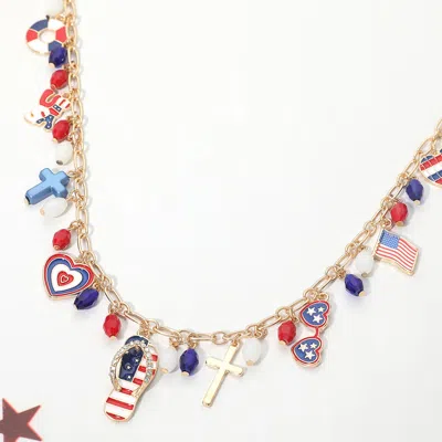 Fashnzfab American Usa Flag Flip Flop Heart Cross Sunglasses Charm Embellished Necklace In Multi
