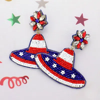 Fashnzfab American Usa Flag Hat Beaded Dangle Earrings In Blue