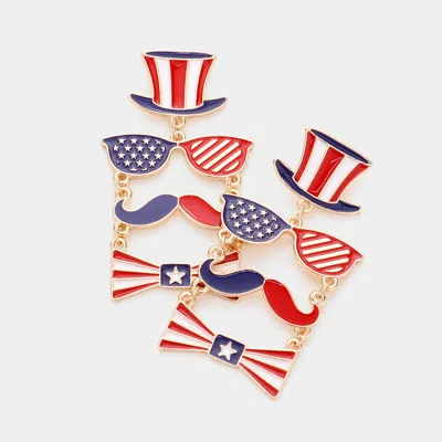 Fashnzfab American Usa Flag Hat Sunglasses Mustache Bow Link Dangle Earrings In Red