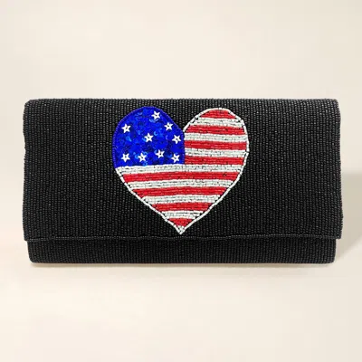 Fashnzfab American Usa Flag Heart Seed Beaded Clutch / Crossbody Bag In Black