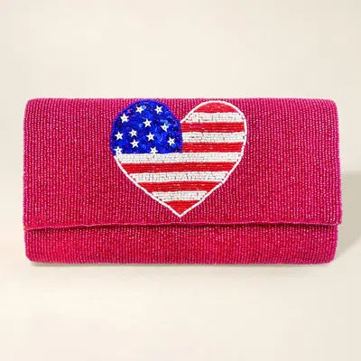 Fashnzfab American Usa Flag Heart Seed Beaded Clutch / Crossbody Bag In Pink