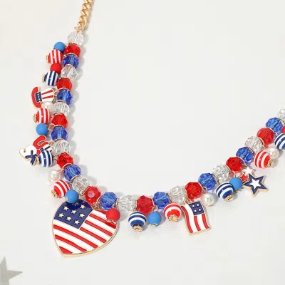 Fashnzfab American Usa Flag Heart Star Hat Charm Faceted Beaded Chain Necklace In Multi