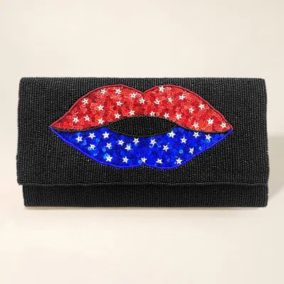 Fashnzfab American Usa Flag Lips Seed Beaded Clutch / Crossbody Bag In Black