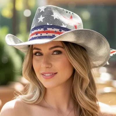 Fashnzfab American Usa Stars Stripes Print Western Straw Cowboy Hat In Gray