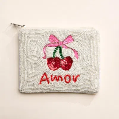 Fashnzfab Amor Message Bow Cherry Beaded Mini Pouch Bag In Multi