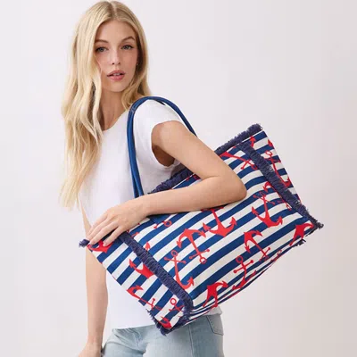 Fashnzfab Anchor Pattern Stripe Fringe Trim Shoulder Tote Bag In Blue