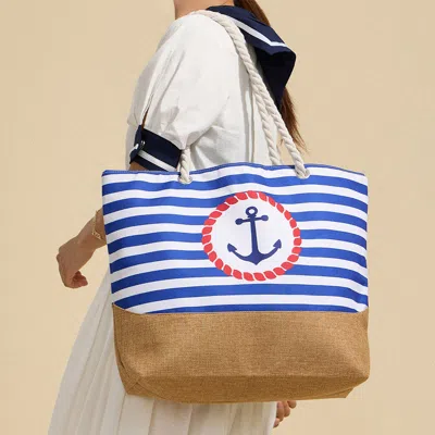 Fashnzfab Anchor Printed Striped Rope Handle Beach Tote Bag In Blue