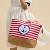 Fashnzfab Anchor Printed Striped Rope Handle Beach Tote Bag In Red