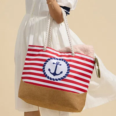 Fashnzfab Anchor Printed Striped Rope Handle Beach Tote Bag In Red