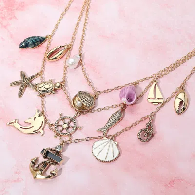 Fashnzfab Anchor Sea Shell Pearl Dolphin Fish Rope Sea Turtle Charm Embellished Triple Layered Necklace In Gold
