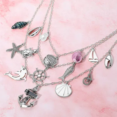 Fashnzfab Anchor Sea Shell Pearl Dolphin Fish Rope Sea Turtle Charm Embellished Triple Layered Necklace In Pink