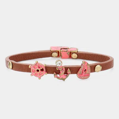 Fashnzfab Anchor Ship Wheel Faux Leather Bracelet Gold Burnished, Peach In Multi