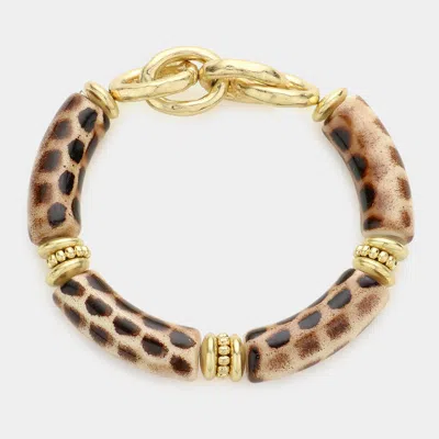 Fashnzfab Animal Pattern Accented Open Metal Oval Link Stretch Bracelet Brown