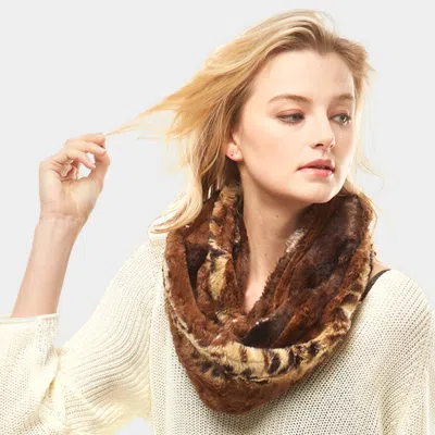 Fashnzfab Animal Pattern Faux Fur Infinity Scarf In Brown