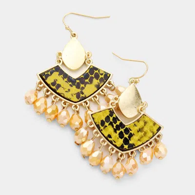 Fashnzfab Animal Pattern Metal Trim Crystal Bead Dangle Earrings - Gold, Yellow
