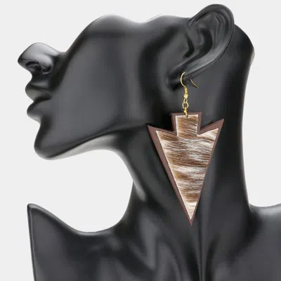 Fashnzfab Animal Patterned Genuine Fur Calf Arrow Dangle Earrings In Brown