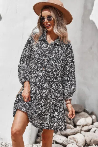 Fashnzfab Animal Print Button Down A Line Lantem Sleeve Dress