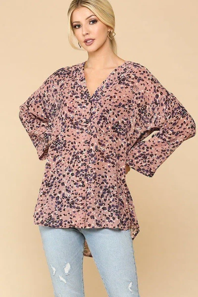 Fashnzfab Animal Print Button Down Lapel Collar Shirt With Chest Pocket In Pink
