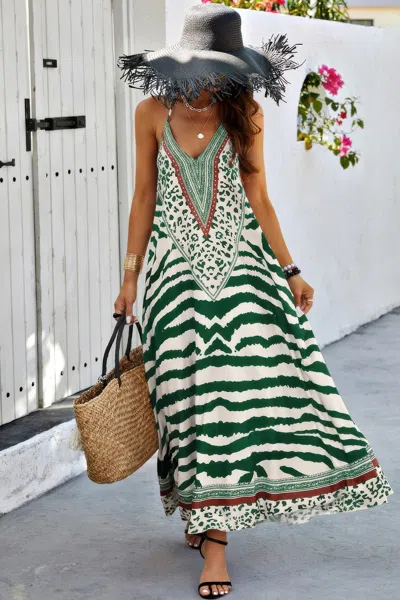 Fashnzfab Animal Print Halter Deep V Ruffle Maxi Dress
