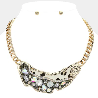 Fashnzfab Animal Printed Fur Sparkly Stone Embellished Bib Necklace In Gold