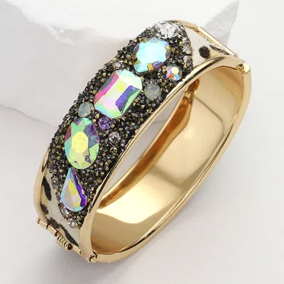 Fashnzfab Animal Printed Fur Sparkly Stone Embellished Hinged Bracelet Ab, Gold In Multi