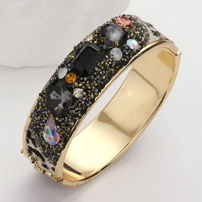 Fashnzfab Animal Printed Fur Sparkly Stone Embellished Hinged Bracelet Black, Gold In Multi