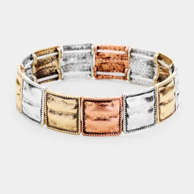 Fashnzfab Antique Embossed Square Metal Stretch Bracelet In Gold