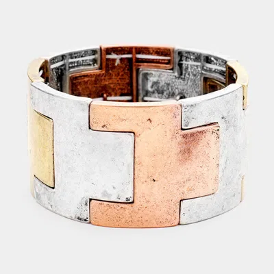 Fashnzfab Antique Geometric Metal Stretch Bracelet In Brown