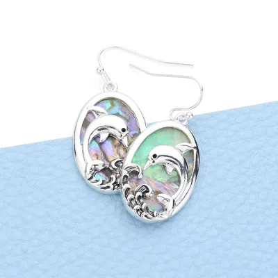 Fashnzfab Antique Metal Abalone Dolphin Oval Dangle Earrings - Abalone, Antique Silver In Multi