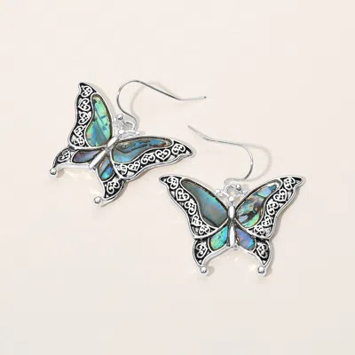 Fashnzfab Antique Metal Abalone Pointed Butterfly Dangle Earrings In Multi