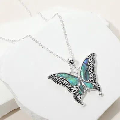 Fashnzfab Antique Metal Abalone Pointed Butterfly Pendant Necklace In Blue