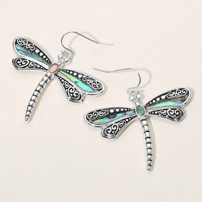Fashnzfab Antique Metal Abalone Pointed Dragonfly Dangle Earrings In Multi