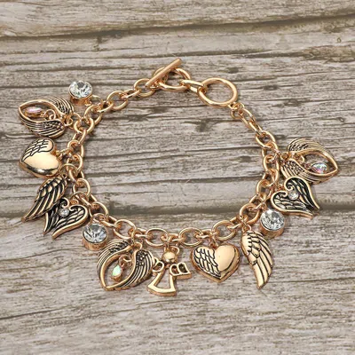Fashnzfab Antique Metal Angel Wing Heart Charm Staton Toggle Bracelet In Gold
