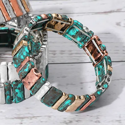 Fashnzfab Antique Metal Bar Stretch Bracelet Patina Verdigris In Multi