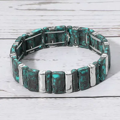 Fashnzfab Antique Metal Bar Stretch Bracelet Patina Verdigris, Rhodium In Green