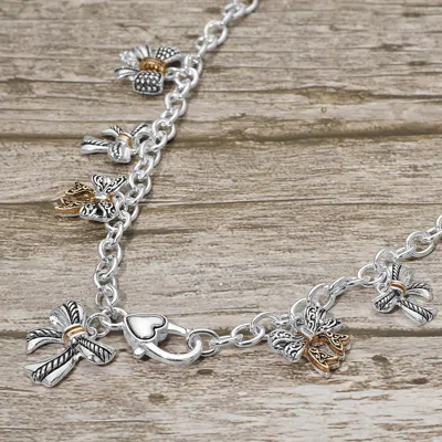Fashnzfab Antique Metal Bow Charm Station Necklace In Silver