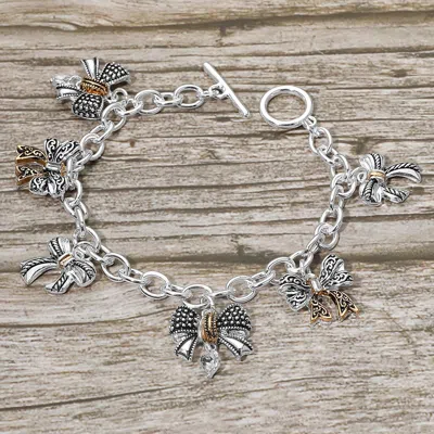 Fashnzfab Antique Metal Bow Charm Station Toggle Bracelet In Silver