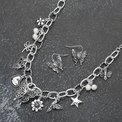 Fashnzfab Antique Metal Butterfly Dragonfly Heart Flower Bird Star Honey Bee Pearl Charm Station Necklace In Metallic