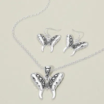 Fashnzfab Antique Metal Butterfly Pendant Necklace In Silver