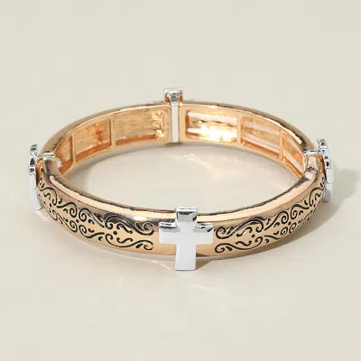 Fashnzfab Antique Metal Cross Accent Stretch Bracelet In Gold