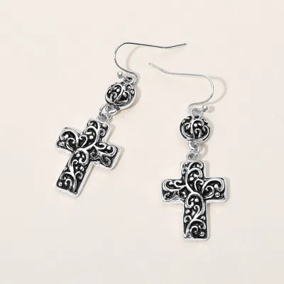 Fashnzfab Antique Metal Cross Dangle Earrings - Antique Silver In Black