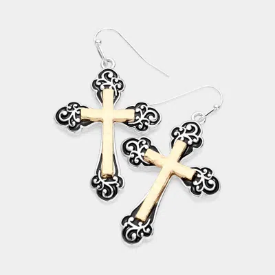 Fashnzfab Antique Metal Cross Dangle Earrings - Two Tone In Gold