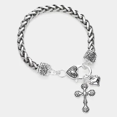 Fashnzfab Antique Metal Cross Heart Charm Bracelet In Metallic