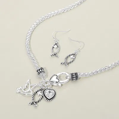 Fashnzfab Antique Metal Cross Ichthys Fish Dove Heart Stone Charm Pendant Necklace In Metallic