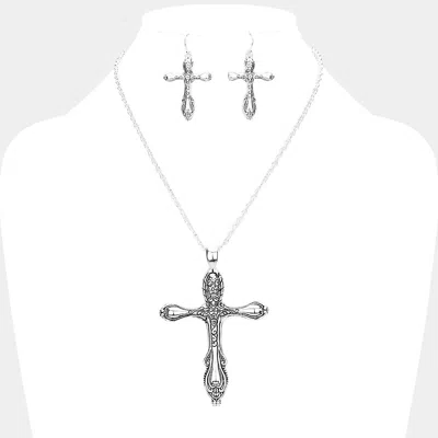 Fashnzfab Antique Metal Cross Pendant Necklace In Metallic